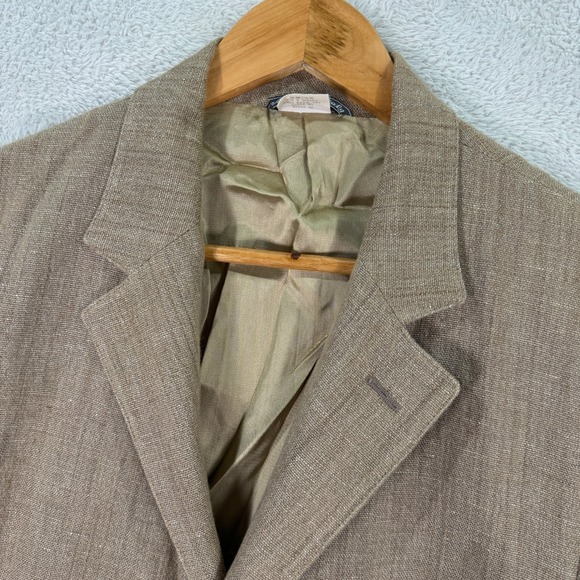 VINTAGE Calvin Klein Blazer Jacket Mens 38R Tan Linen 4 Button Made In Italy EUC - Picture 1 of 11